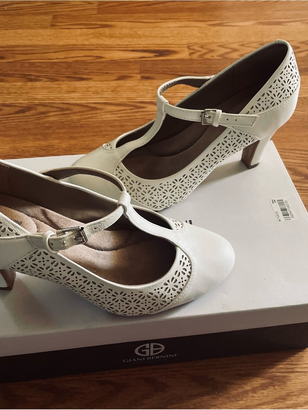 Giani Bernini White T-Strap Laser-Cut Pumps